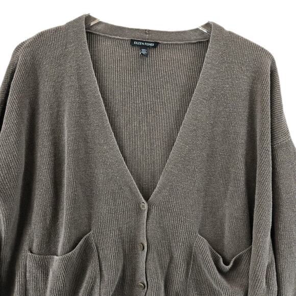 Eileen Fisher Cardigan Sweater Womens Medium Organic Linen Cotton Brown Taupe - Picture 3 of 9